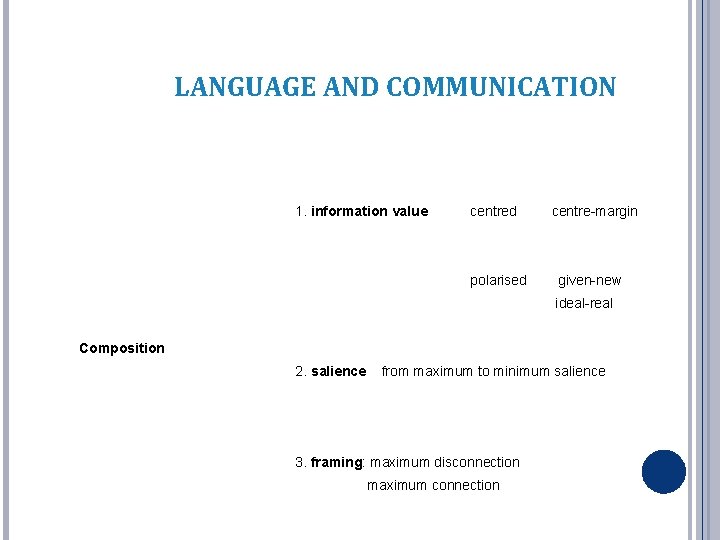 LANGUAGE AND COMMUNICATION 1. information value centred polarised centre-margin given-new ideal-real Composition 2. salience LANGUAGE AND COMMUNICATION 1. information value centred polarised centre-margin given-new ideal-real Composition 2. salience