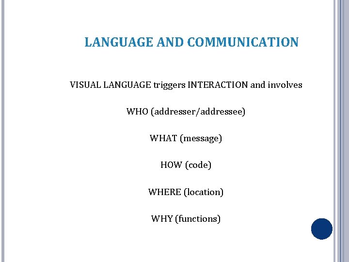LANGUAGE AND COMMUNICATION VISUAL LANGUAGE triggers INTERACTION and involves WHO (addresser/addressee) WHAT (message) HOW LANGUAGE AND COMMUNICATION VISUAL LANGUAGE triggers INTERACTION and involves WHO (addresser/addressee) WHAT (message) HOW