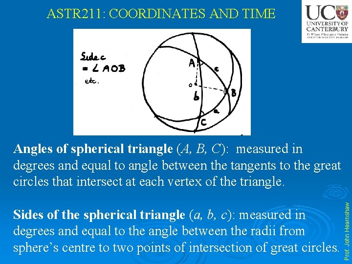 ASTR 211: COORDINATES AND TIME Sides of the spherical triangle (a, b, c): measured