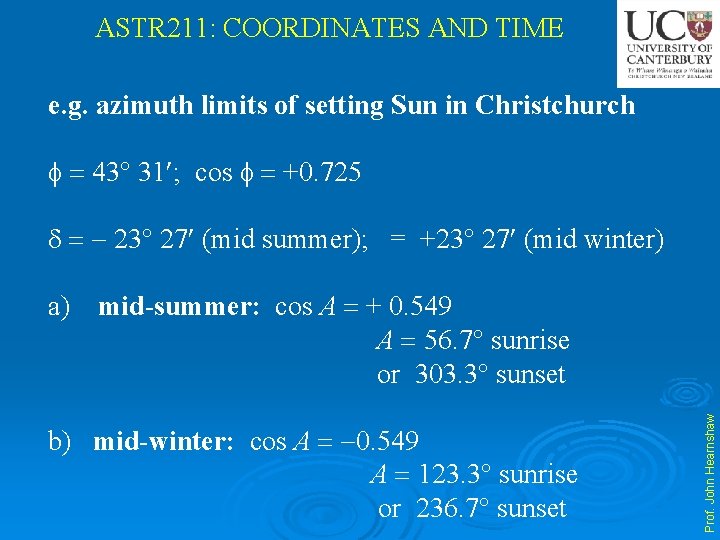 ASTR 211: COORDINATES AND TIME e. g. azimuth limits of setting Sun in Christchurch