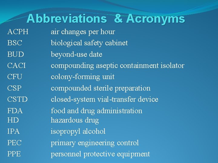 Abbreviations & Acronyms ACPH BSC BUD CACI CFU CSP CSTD FDA HD IPA PEC
