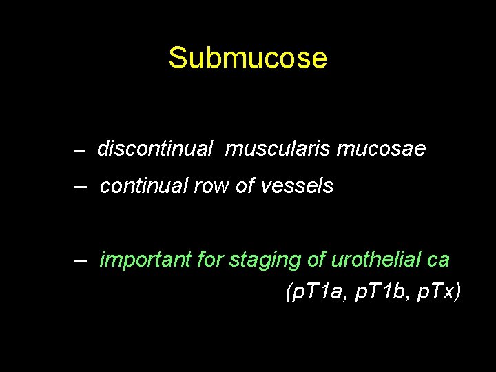 Submucose – discontinual muscularis mucosae – continual row of vessels – important for staging