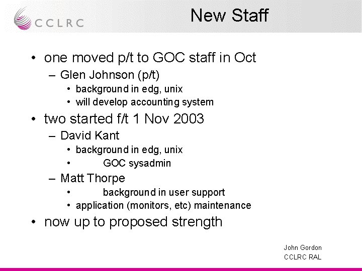 New Staff • one moved p/t to GOC staff in Oct – Glen Johnson