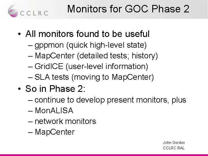 Monitors for GOC Phase 2 • All monitors found to be useful – gppmon