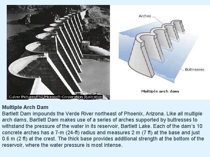 Multiple Arch Dam Bartlett Dam impounds the Verde River northeast of Phoenix, Arizona. Like