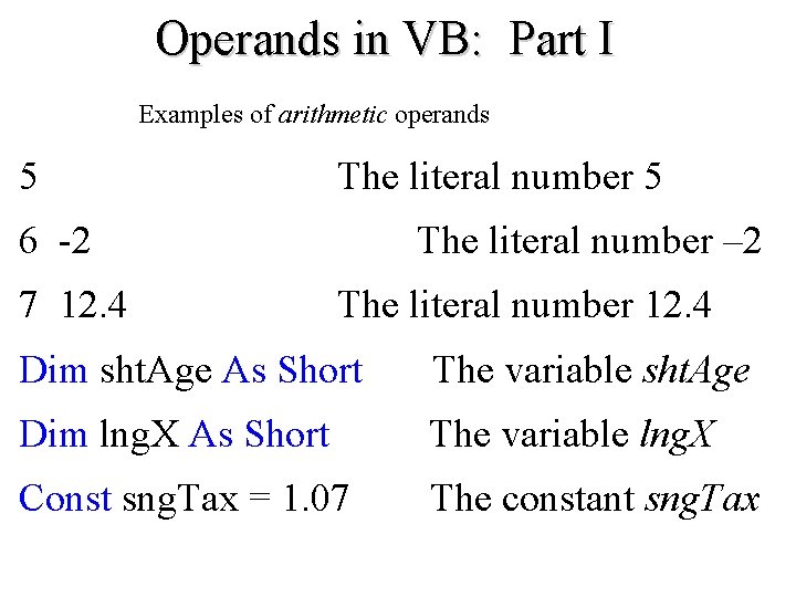 Operands in VB: Part I Examples of arithmetic operands 5 The literal number 5