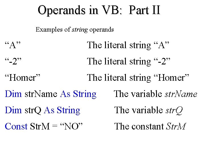 Operands in VB: Part II Examples of string operands “A” The literal string “A”