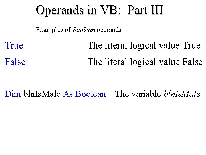 Operands in VB: Part III Examples of Boolean operands True The literal logical value