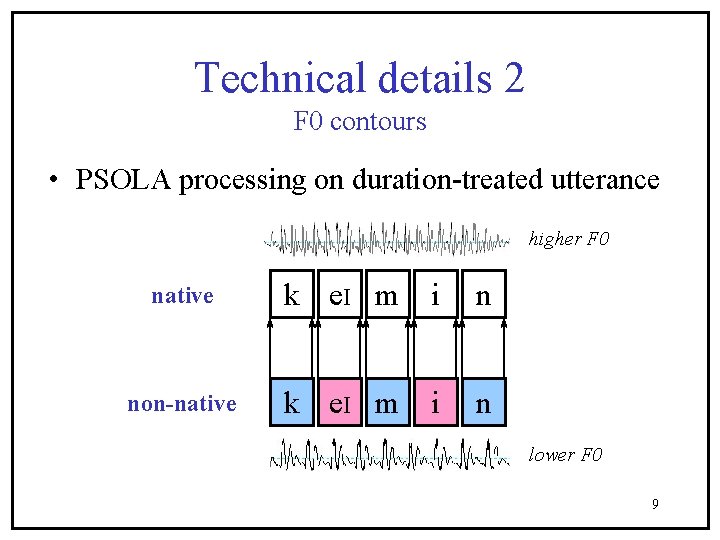 Technical details 2 F 0 contours • PSOLA processing on duration-treated utterance higher F