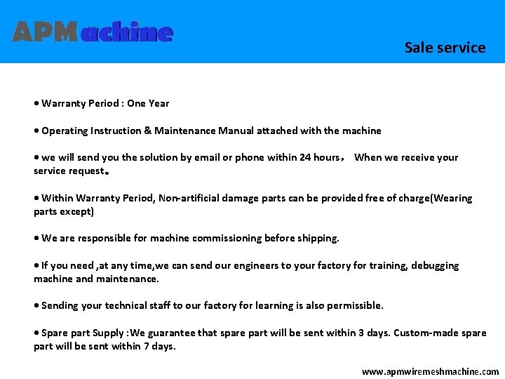 Sale service • Warranty Period : One Year • Operating Instruction & Maintenance Manual Sale service • Warranty Period : One Year • Operating Instruction & Maintenance Manual