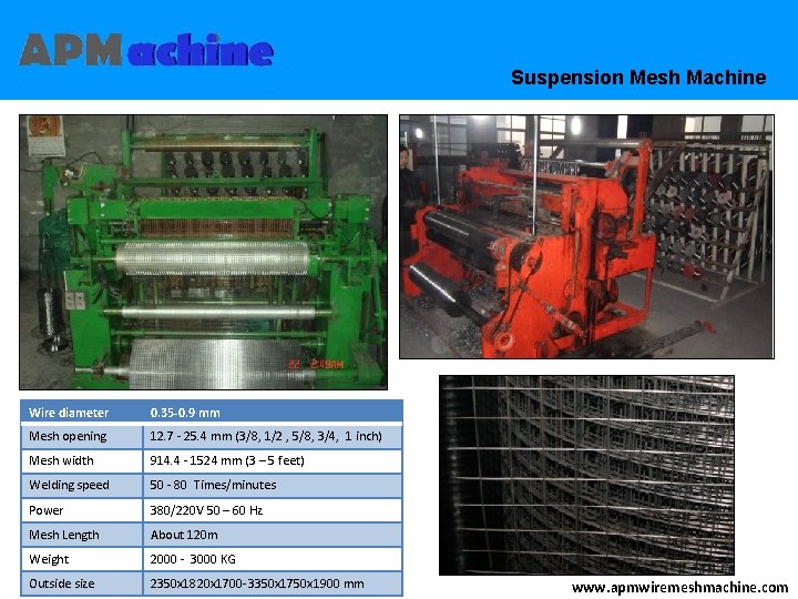 Suspension Mesh Machine Wire diameter 0. 35 -0. 9 mm Mesh opening 12. 7