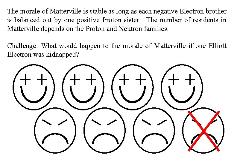 The morale of Matterville is stable as long as each negative Electron brother is