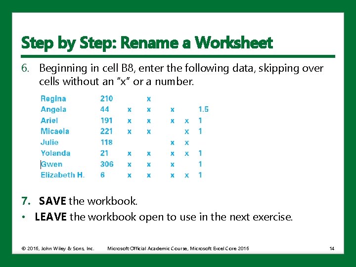 Step by Step: Rename a Worksheet 6. Beginning in cell B 8, enter the