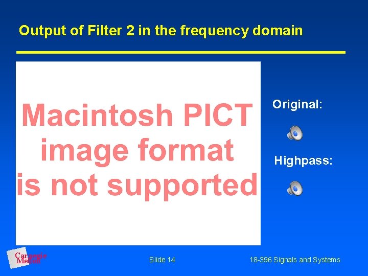 Output of Filter 2 in the frequency domain Original: Highpass: Carnegie Mellon Slide 14