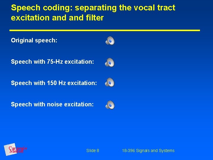 Speech coding: separating the vocal tract excitation and filter Original speech: Speech with 75