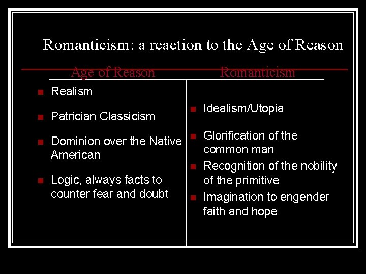 Romanticism: a reaction to the Age of Reason n Romanticism Realism n Patrician Classicism Romanticism: a reaction to the Age of Reason n Romanticism Realism n Patrician Classicism