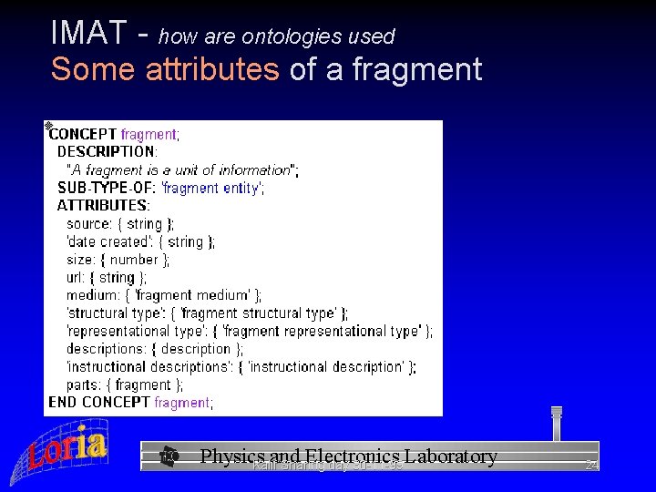 IMAT - how are ontologies used Some attributes of a fragment Physics and Electronics