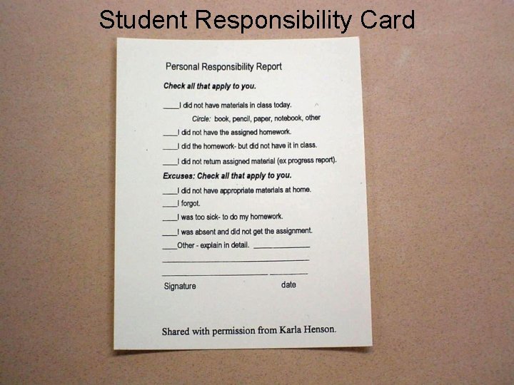 Student Responsibility Card 