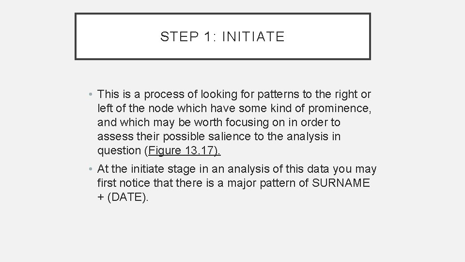 STEP 1: INITIATE • This is a process of looking for patterns to the