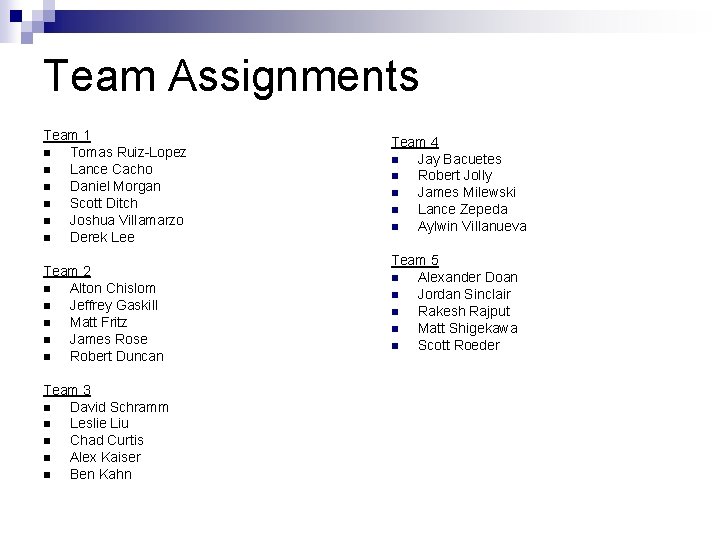 Team Assignments Team 1 Tomas Ruiz-Lopez Lance Cacho Daniel Morgan Scott Ditch Joshua Villamarzo
