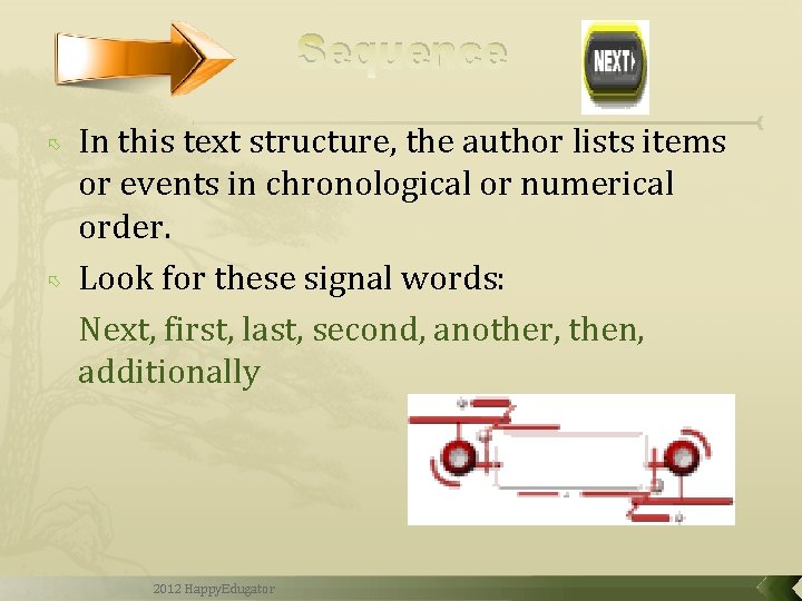 Sequence In this text structure, the author lists items or events in chronological or