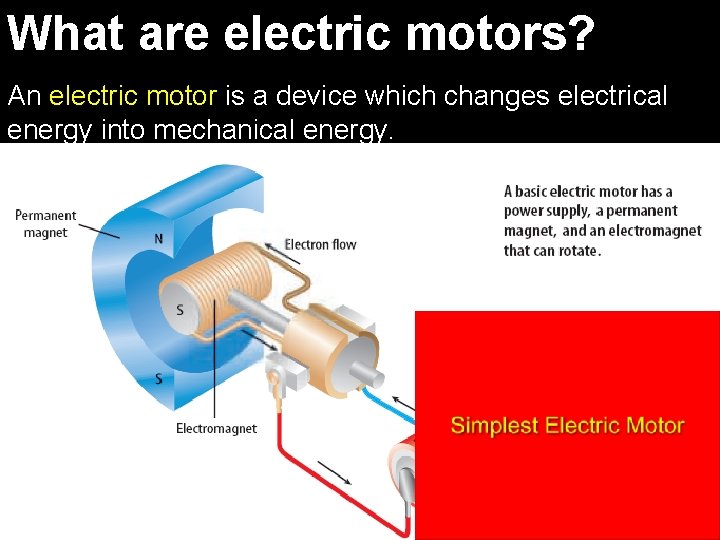 What are electric motors? An electric motor is a device which changes electrical energy