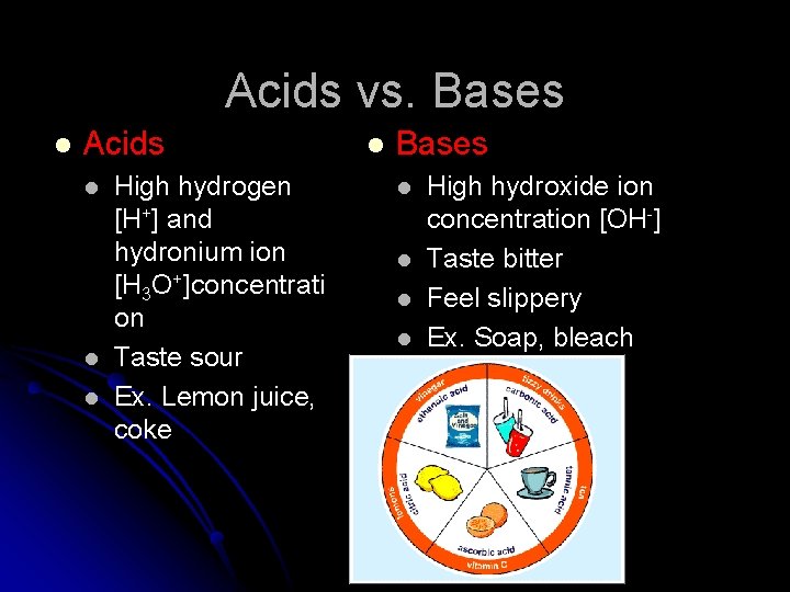 Acids vs. Bases l Acids l l l High hydrogen [H+] and hydronium ion