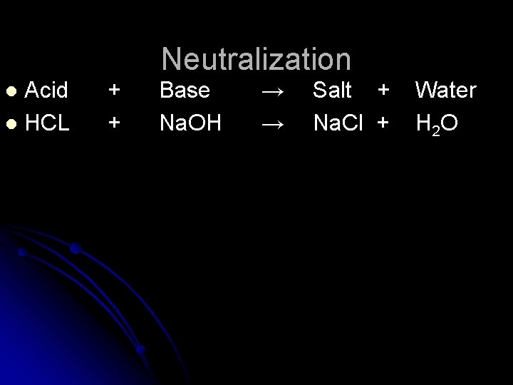 Neutralization Acid l HCL l + + Base Na. OH → → Salt +