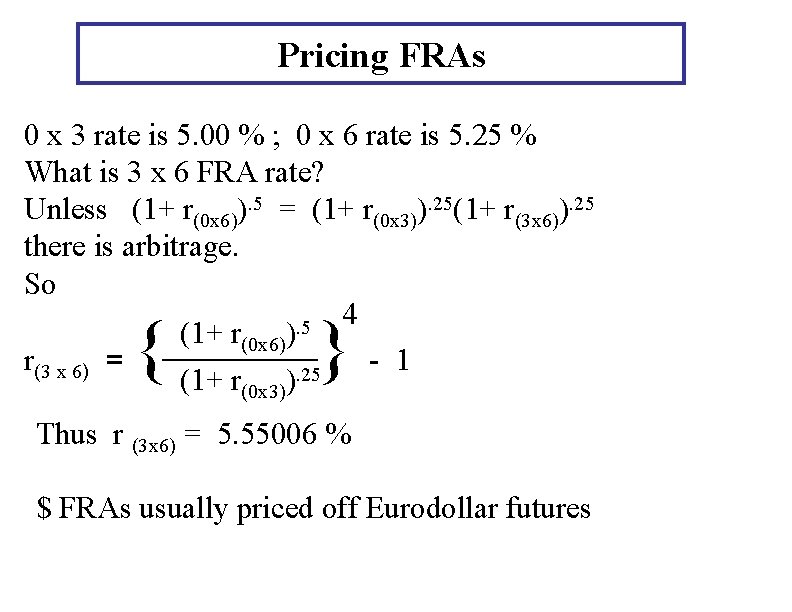 Pricing FRAs 0 x 3 rate is 5. 00 % ; 0 x 6 Pricing FRAs 0 x 3 rate is 5. 00 % ; 0 x 6
