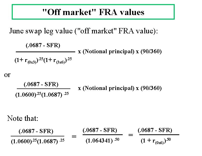 "Off market" FRA values June swap leg value ("off market" FRA value): (. 0687 "Off market" FRA values June swap leg value ("off market" FRA value): (. 0687