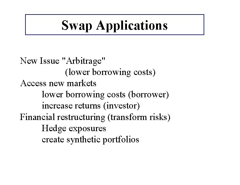 Swap Applications New Issue "Arbitrage" (lower borrowing costs) Access new markets lower borrowing costs Swap Applications New Issue "Arbitrage" (lower borrowing costs) Access new markets lower borrowing costs