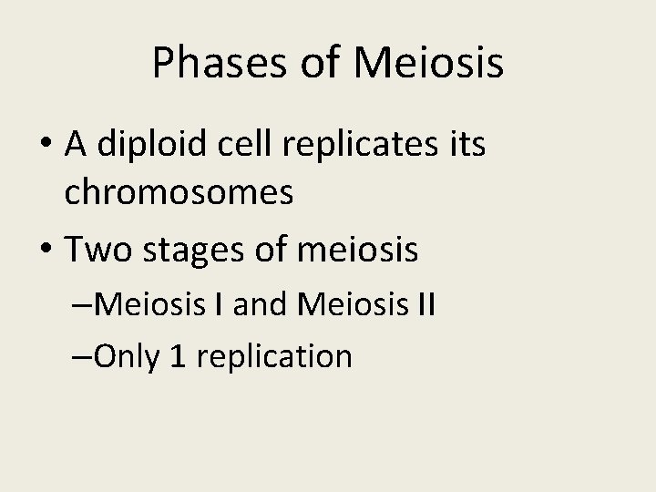 Phases of Meiosis • A diploid cell replicates its chromosomes • Two stages of