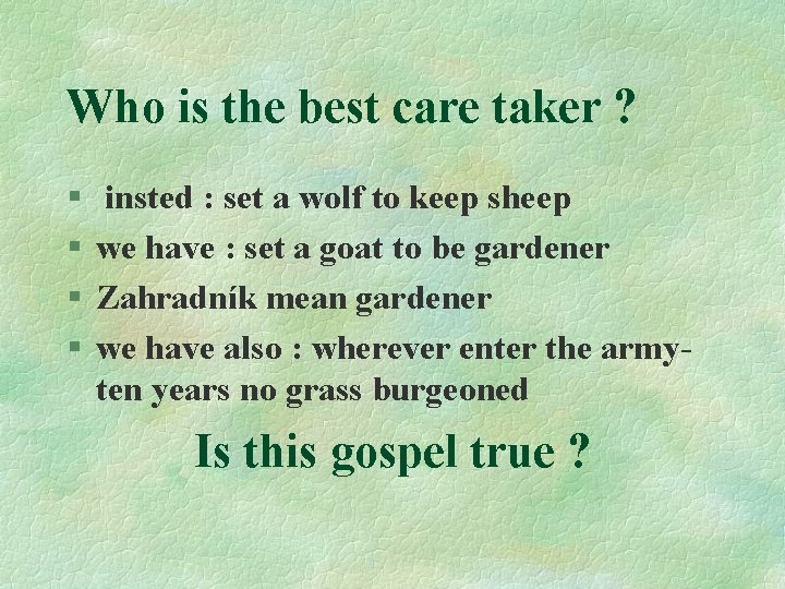 Who is the best care taker ? § § insted : set a wolf