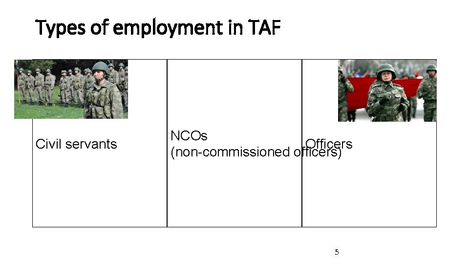 Types of employment in TAF Civil servants NCOs Officers (non-commissioned officers) 5 Types of employment in TAF Civil servants NCOs Officers (non-commissioned officers) 5
