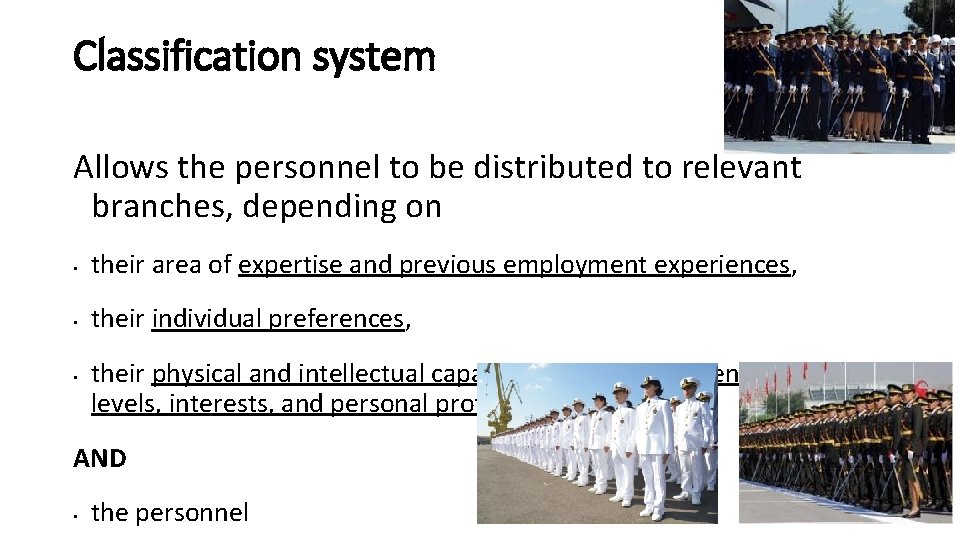 Classification system Allows the personnel to be distributed to relevant branches, depending on • Classification system Allows the personnel to be distributed to relevant branches, depending on •