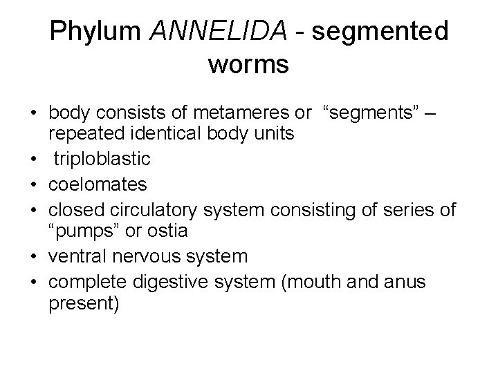 Phylum ANNELIDA - segmented worms • body consists of metameres or “segments” – repeated