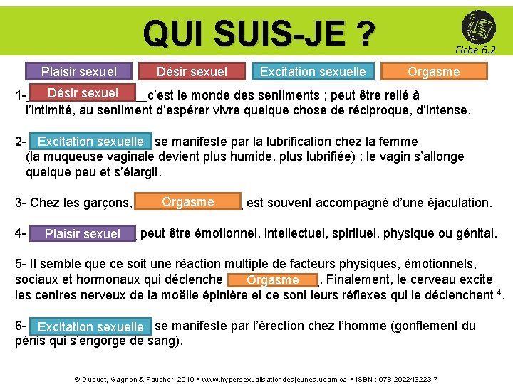 QUI SUIS-JE ? Plaisir sexuel Désir sexuel Excitation sexuelle Fiche 6. 2 Orgasme Désir