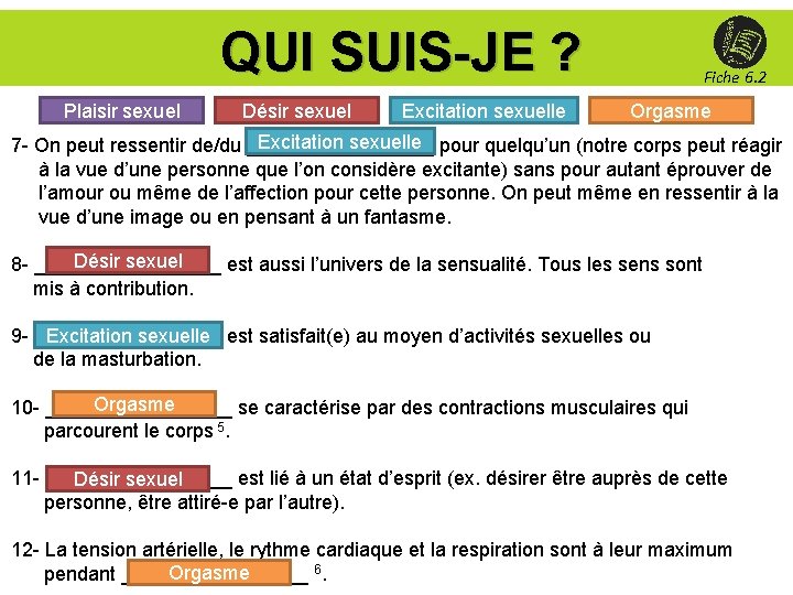 QUI SUIS-JE ? Plaisir sexuel Désir sexuel Excitation sexuelle Fiche 6. 2 Orgasme Excitation