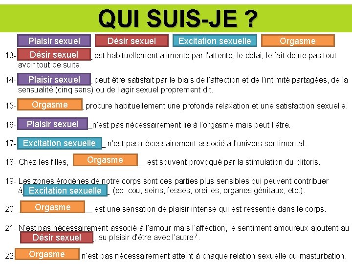 QUI SUIS-JE ? Plaisir sexuel Désir sexuel Excitation sexuelle Orgasme Désir sexuel 13 -