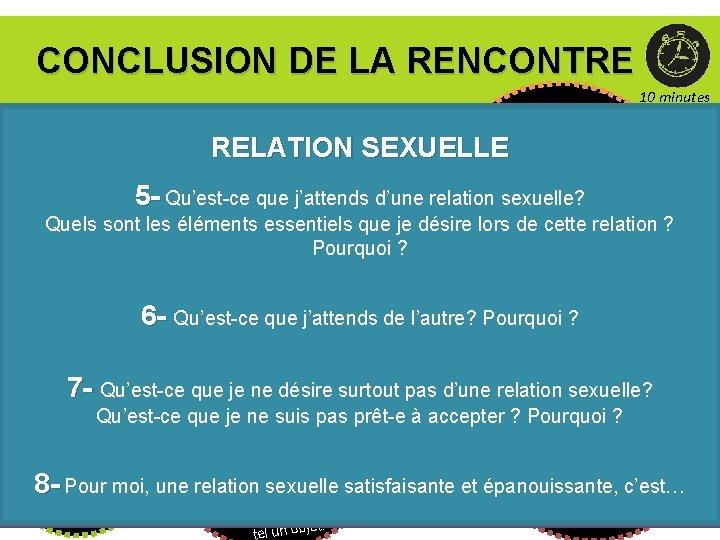 CONCLUSION DE LA RENCONTRE 10 minutes 1 - Que retenez-vous de cette rencontre? 2