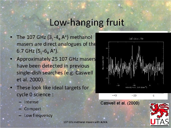 Low-hanging fruit • The 107 GHz (31 -40 A+) methanol masers are direct analogues