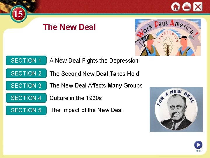 The New Deal SECTION 1 A New Deal Fights the Depression SECTION 2 The