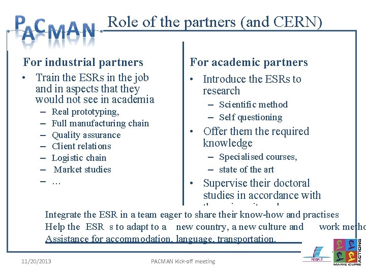 Role of the partners (and CERN) For industrial partners For academic partners • Train