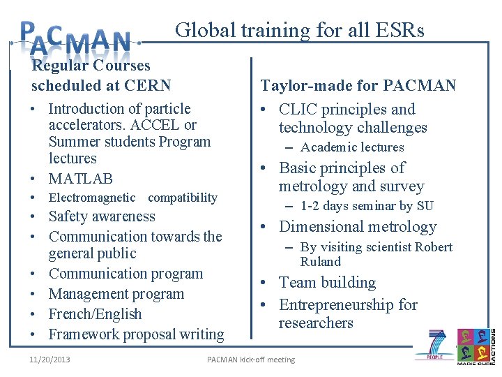 Global training for all ESRs Regular Courses scheduled at CERN • Introduction of particle