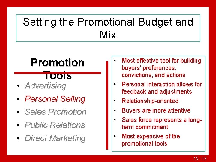 Setting the Promotional Budget and Mix Promotion Tools • Advertising • Personal Selling •