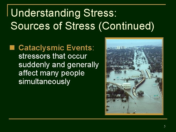 Understanding Stress: Sources of Stress (Continued) n Cataclysmic Events: stressors that occur suddenly and