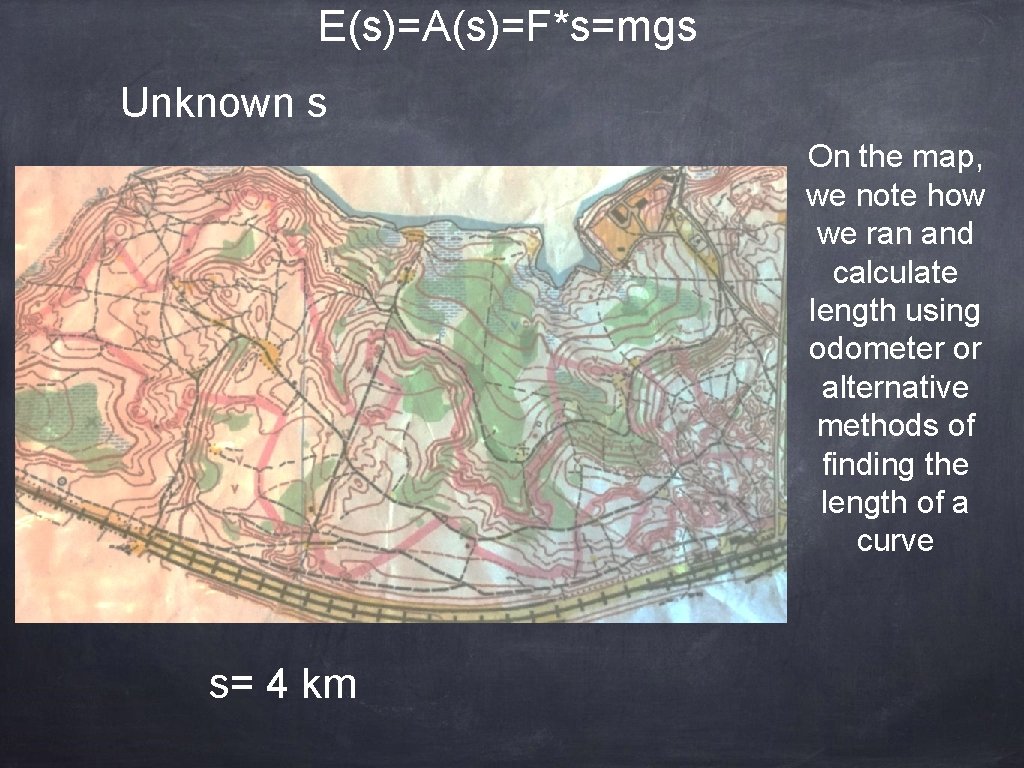 E(s)=А(s)=F*s=mgs Unknown s On the map, we note how we ran and calculate length