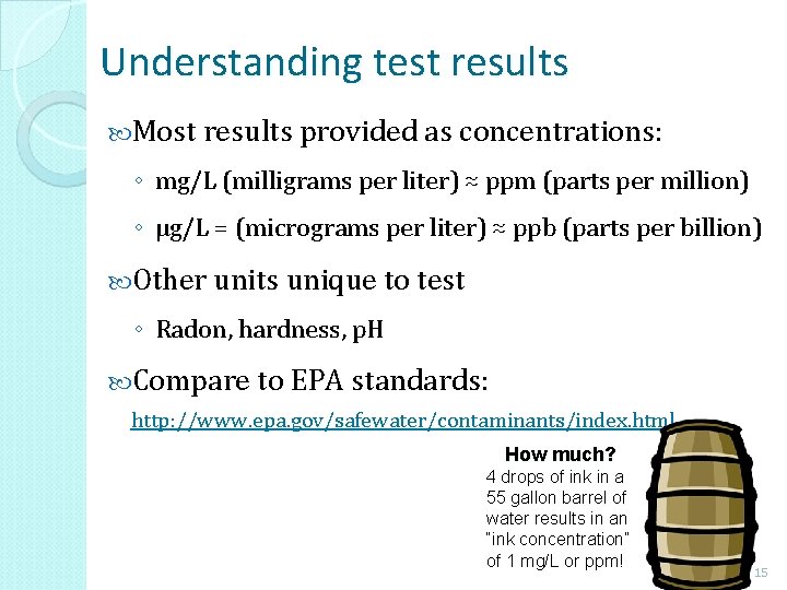 Understanding test results Most results provided as concentrations: ◦ mg/L (milligrams per liter) ≈