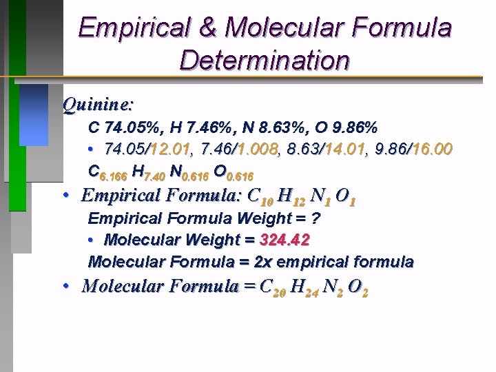 Empirical & Molecular Formula Determination Quinine: C 74. 05%, H 7. 46%, N 8.