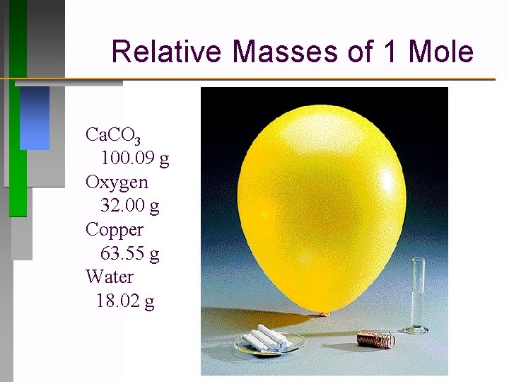 Relative Masses of 1 Mole Ca. CO 3 100. 09 g Oxygen 32. 00